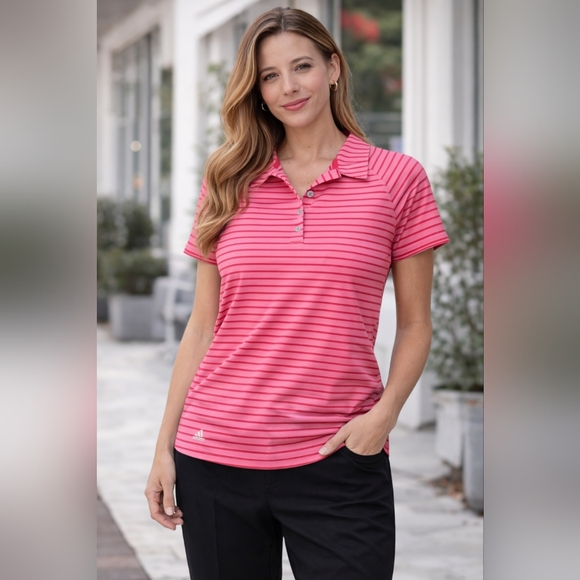 adidas Tops - Women's Adidas Large Pink Striped Polo Preppy Athleisure Golf Top Large